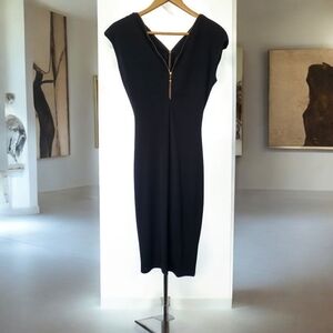 Black Midi Body Con/Pencil Front-Back Zipper Sexy Dress